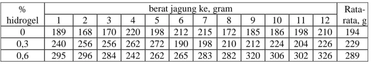 Tabel 2. Berat jagung yang dihasilkan dalam percobaan. 