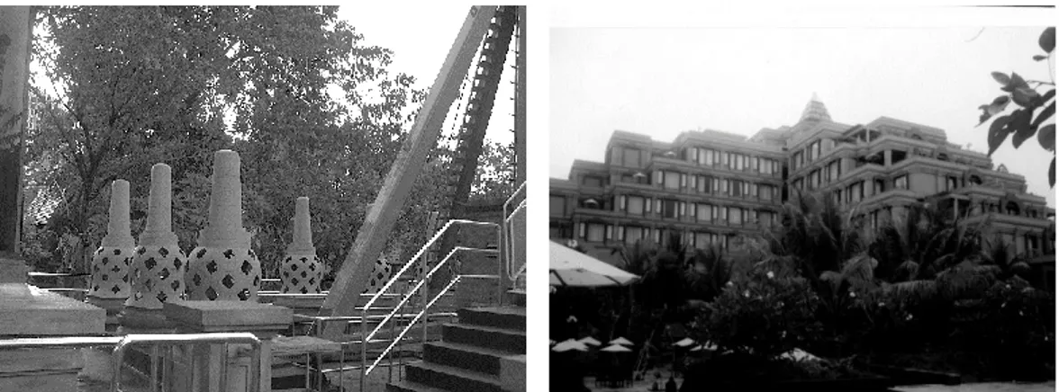 Gambar 9 Meniru Stupa di taman Dufan-Jakarta dan pada puncak hotel Modern  sumber: survey 1999-2016 