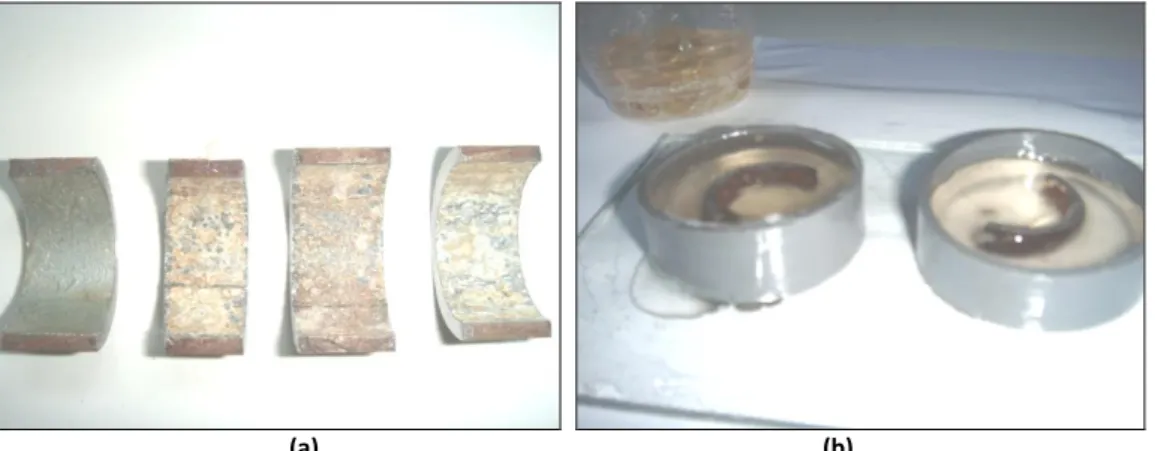 Gambar 6. (a) Potongan spesimen untuk foto mikro, (b) Proses fiber untuk membantu  proses foto mikro 