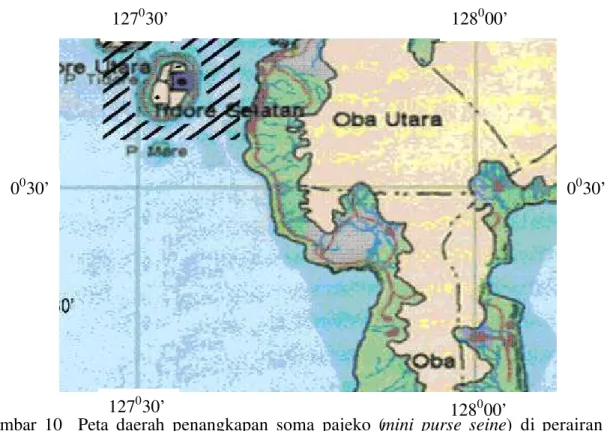 Gambar  10    Peta daerah penangkapan soma pajeko (mini purse seine) di perairan  Tidore 