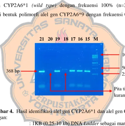 Gambar 4.  Hasil identifikasi alel gen CYP2A6*1 dan alel gen CYP2A6*9  Keterangan: 