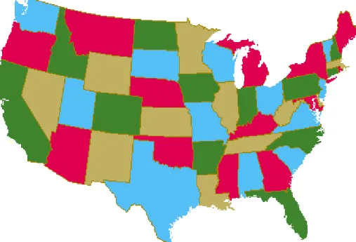 Gambar 1. Contoh pewarnaan peta Amerika Serikat dengan 4 warna