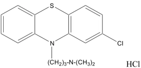 Gambar 2. Struktur Kimia Klorpromazin HCl ( 2- klor-10-(3-dimetil aminopropil)-fenotiazin hidroklorida) (Anonim, 1979)