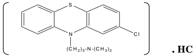 Gambar 3. Struktur kimia klorpromazin HCl (2-klor-N-(dimetil-  aminopropil) Fenotiazin Hidroklorida) (Anonim, 1979) 