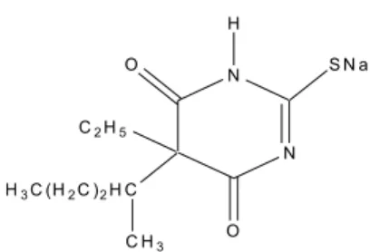Gambar 1. Struktur Kimia Natrium Tiopental (natrium-5-Etil-1 Metilbutil    Barbiturat)  (Anonim, 1979)
