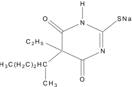 Gambar 1.  Struktur Kimia Natrium Tiopental (5-etil,-5-(1 metil-butil)-  Tiobarbiturat-Natrium) (Schunack, dkk., 1990) 