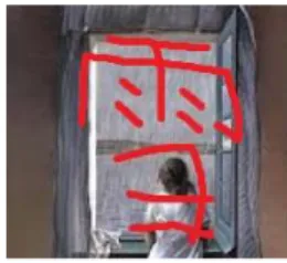 Gambar 16: nona Yo yang sedang melihat salju turun dari dalam jendela sebagai asosiasi  dari kanji (雪) 