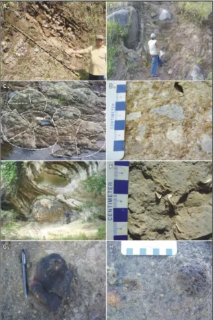Gambar  11.  Berbagai  jenis  batuan  gunung  api  pembangun  G.  Genuk  kecuali  F  (Batulempung  berfosil, Formasi Bulu)