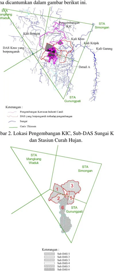 Gambar 2. Lokasi Pengembangan KIC, Sub-DAS Sungai Kreo,   dan Stasiun Curah Hujan. 