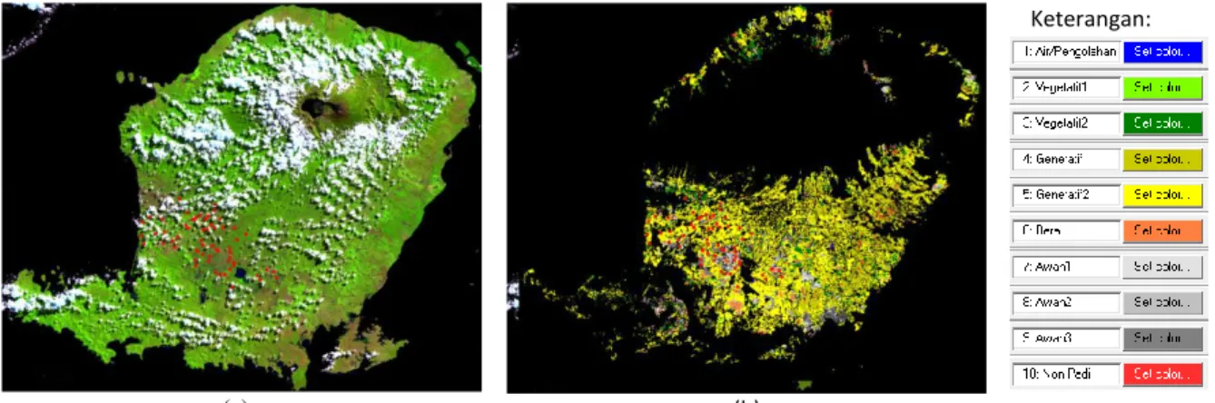 Gambar 2-2: Citra komposit kanal 6,5,4 LANDSAT822 Juli 2016 dengan titik survei (a) dan informasi  fase pertumbuhan padi periode 19-26 Juli 2016 (b) Pulau Lombok 