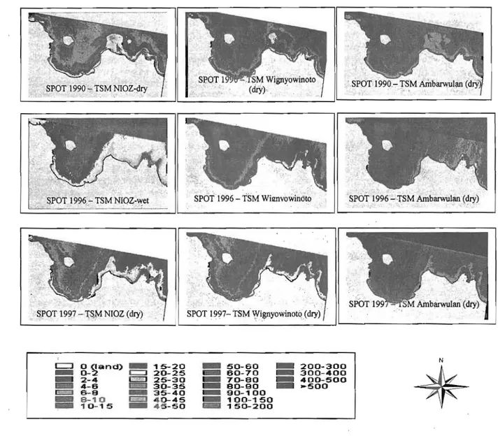 Gambar  6,  Peta  Citra  TSM dari  SPOT  1990  (musim kering),  1996  (musim basah) dan  1997 