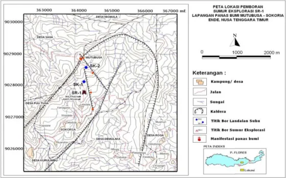 Gambar 1. Peta lokasi pengeboran eksplorasi sumur SR-1, lapangan panas  bumi Mutubusa-Sokoria, Kabupaten Ende, Provinsi Nusa Tenggara Timur