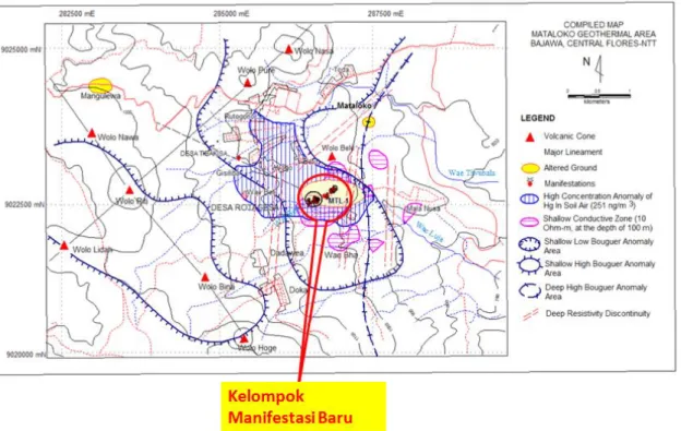 Gambar 12.  Manifestasi baru sebelah barat daya MT-2 periode-2 2014 dikompilasikan  dengan peta daerah prospek Mataloko (Modifikasi dari Pusat Sumber Daya Geologi) 