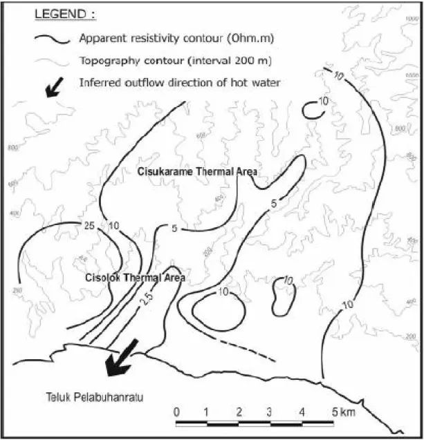 Gambar 6: Apparent resistivity map of Schlumberger survey over an outflow structure in steep  terrain (Cisolok-Cisukarame, Indonesia); terrain contours in metres, resistivity contours in Ωm 