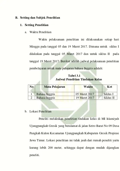 Jadwal Penelitian Tindakan KelasTabel 3.1  