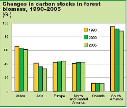 Gambar 5.   Perubahan stok carbon dalam biomas hutan antara tahun  1990-2005 (FRA 2005)