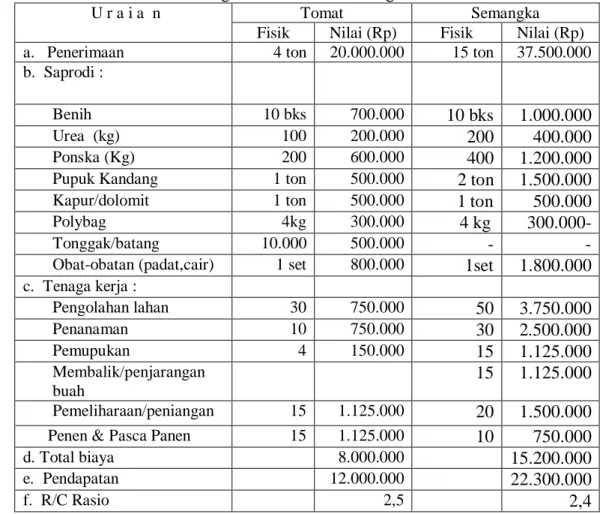 Tabel  1.  Analisis  Finansial  Usahatani  Tomat    dan  Semangka    di  Lahan  Lebak    per  hektar   Desa Muning Baru  Kab