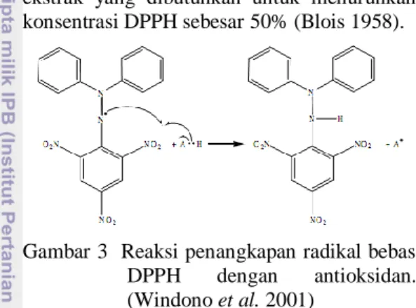 Gambar 3  Reaksi penangkapan radikal bebas  DPPH  dengan  antioksidan. 