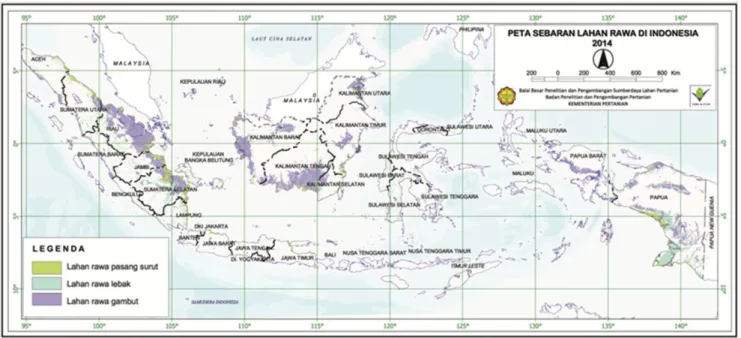 Gambar 1.  Sebaran lahan rawa pasang surut, lebak dan gambut di Indonesia (BBSDLP, 2014)  Figure 1