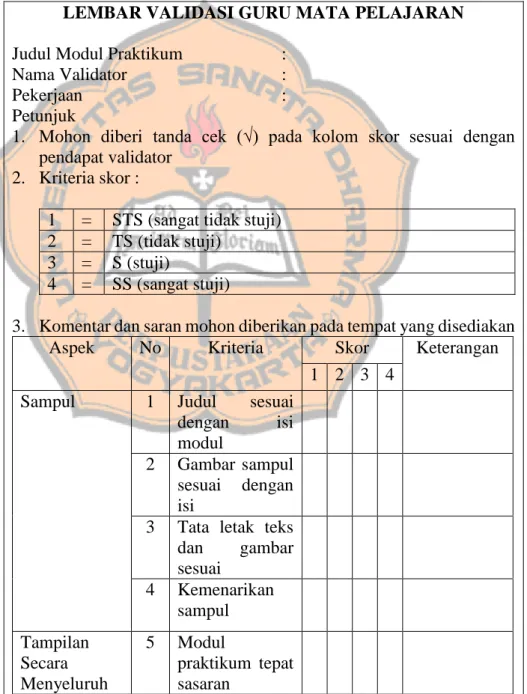 Tabel 3.2 Lembar Validasi Guru 