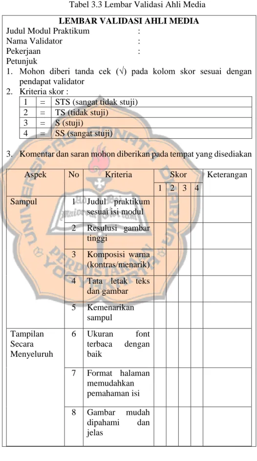 Tabel 3.3 Lembar Validasi Ahli Media  LEMBAR VALIDASI AHLI MEDIA  Judul Modul Praktikum  : 