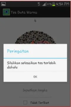 Gambar 5.22 Tampilan Validasi Button Back Saat Proses Tes Buta Warna 