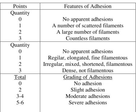 Tabel 1. Grading adhesi menurut kriteria Tang  Points  Features of Adhesion  Quantity 