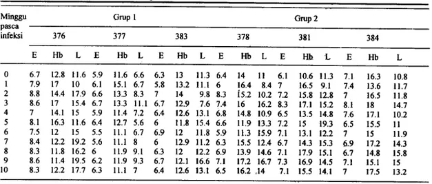 Tabel 3. Nilai eritrosit, hemoglobin dan leukosit pada kerbau yang diberi ransum bermutu tinggi dan rendah, masing-masing tidak diinfeksi dan diinfeksi dengan T