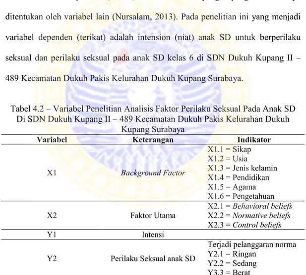 Tabel 4.2 – Variabel Penelitian Analisis Faktor Perilaku Seksual Pada Anak SD  Di SDN Dukuh Kupang II – 489 Kecamatan Dukuh Pakis Kelurahan Dukuh 
