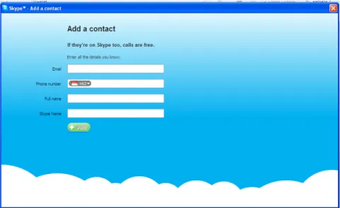 Gambar 32. Tampilan Skype untuk Search/Add Contact ID/Account Skype  Dalam kotak dapat di isi (pilih dan isi salah satu saja) berdasarkan: 