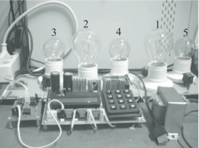 Gambar 7. Rangkaian lengkap sistem kontrol yang dibangun. Lampu A, B, C, D, E diurut dari kiri ke  kanan 