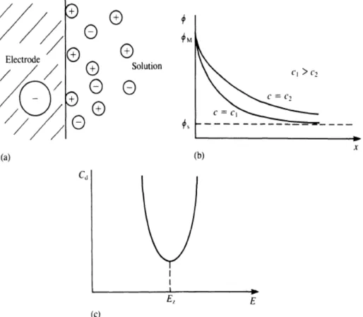 Gambar 1.11. Lapis rangkap listrik model Gouy-Chapman. (a)  Penataan ion pada permukaan berlangsung  dengan model difusi
