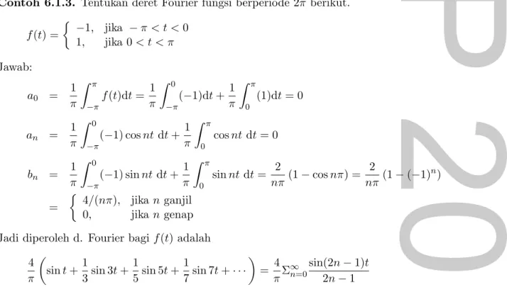 Gambar berikut menunjukkan graﬁk dari jumlahan hingga N −suku deret Fourier. Tampak bahwa makin besar N , maka jumlahan hingga N −suku deret Fourier makin mendekati fungsinya.