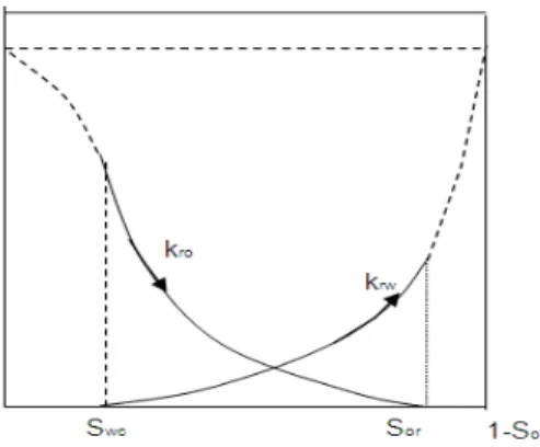 Gambar 5 Contoh grafik hubungan permeabilitas relatif  terhadap saturasi air yang diperoleh secara laboratorium (Dake, 2010) 