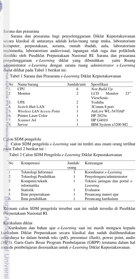 Tabel 1 Sarana dan Prasarana e-Learning Diklat Kepustakawanan 