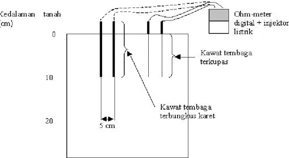 Gambar 1. Sketsa pemasangan alat pengukur impedensi listrik pada kedalaman 0-10 dan 10-20 cm di lapangan.
