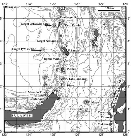 Gambar 1. Daerah  ekspedisi  IASSHA di kawasan kepulauan  Sangihe,  Sulawesi Utara antara lain mengamati  target  P:  Maselihe;  target  Q:  Kawio  Barat;  R:  Roa; 