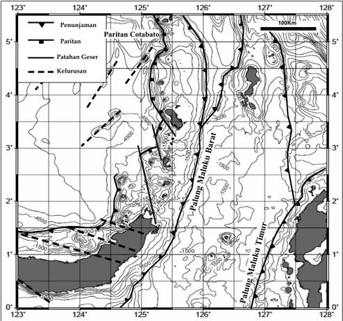 Gambar  2.  Penafsiran pola kelurusan struktur dikawasan busur  kepulauan Sangihe. Kegiatan kegununggapian dan  hidrotermal kemungkinan dikontrol oleh pola kelurusan  yang umumnya berarah baratlaut-tenggara (peta batimetri  GMTmap v3.4.1, 2005).