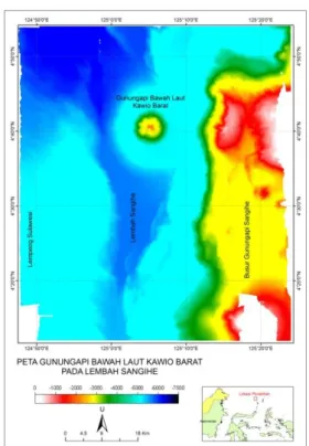 Gambar 3. Morfologi di sekitar Gunung api Bawah  Laut Kawio Barat hasil reprocessing data batimetri 