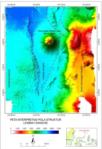 Gambar 4: Interpretasi pola struktur geologi yang  berkembang di sekitar Gunung api Kawio Barat melalui 