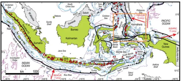 Figure 1.The map of Indonesia showed the tectonic boundaries and the volcanoes zone. 