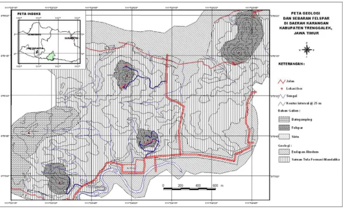 Gambar 2. Peta Geologi Dan sebaran Felspar di daerah Karangan, Kabupaten Trenggalek, Jawa  Timur 