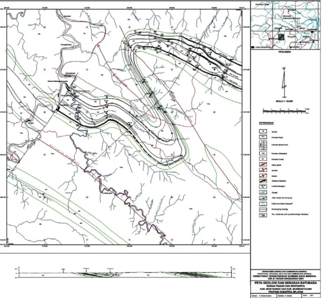 Gambar 2. Peta Geologi dan Sebaran Batubara Daerah Sungai Pinang,                Kabupaten Musi Rawas dan Kabupaten Musi Banyuasin 