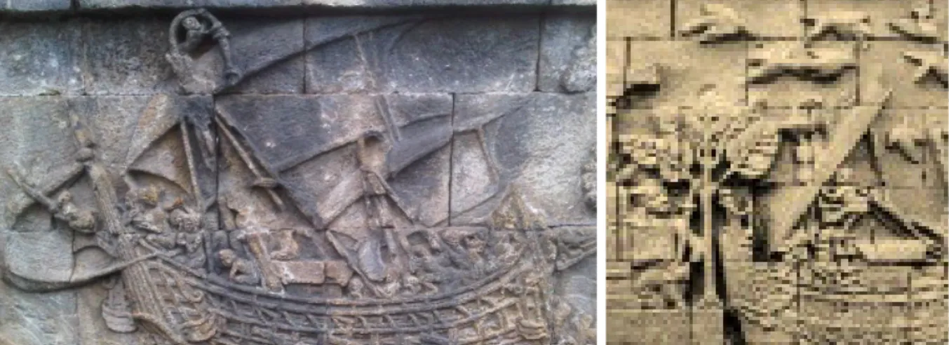 Gambar 2.  Terdapat lima gambar perahu cadik pada Candi Borobudur. Foto sebelah kiri adalah foto tahun 2012, sedang foto sebelah kanan adalah foto yang dibuat oleh Krom tahun 1927.