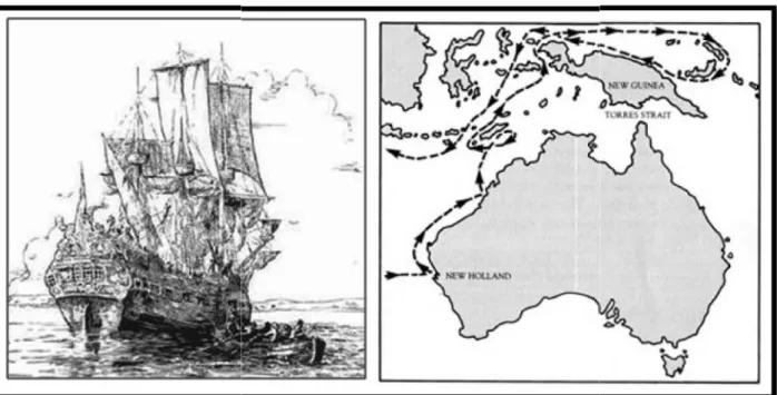 Gambar 2. Kiri: Kapal HMS Roebuck. Kanan: Rute pelayaran HMS Roebuck tahun 1699 diplot di atas peta modern.