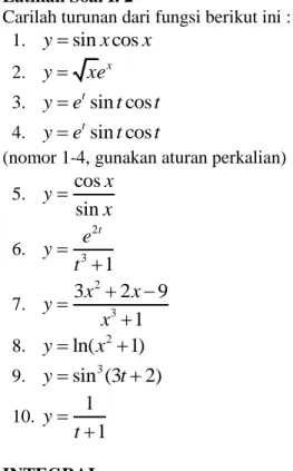 Tabel I.2. Beberapa fungsi yangs sering digunakan beserta integral fungsi tersebut  Fungsi, f(x)  f x dx( ) Fungsi, f(x)  f x dx( )  K,  Konstanta kx c tan ax   ln | sec ax | a  c x  n 1 , 1 1xnn c n   tan( ax b ) ln | sec( ax b ) |a c