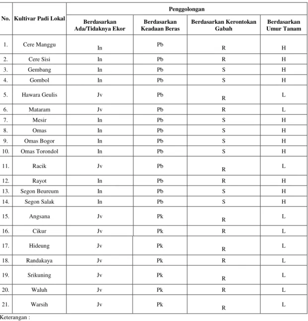 Tabel 1. Macam-macam dan Penggolongan Kultivar Padi Lokal yang Masih Terdapat di Desa Rancakalong  Penggolongan 