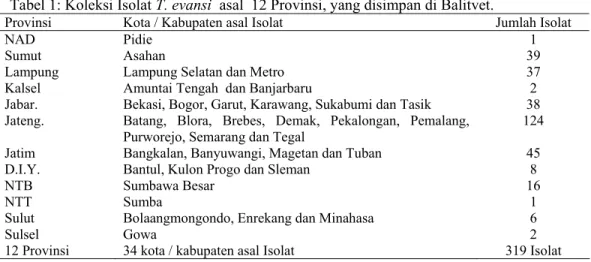 Tabel 1: Koleksi Isolat T. evansi  asal  12 Provinsi, yang disimpan di Balitvet. 