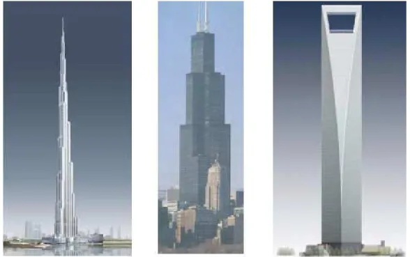Gambar 2.4. Burj Dubai, Sears Tower, dan Shanghai World Financial Center  Sumber : Google Image Search