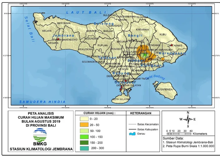 Gambar 3. Peta analisis curah hujan maksimum bulan Agustus 2019 di Provinsi Bali